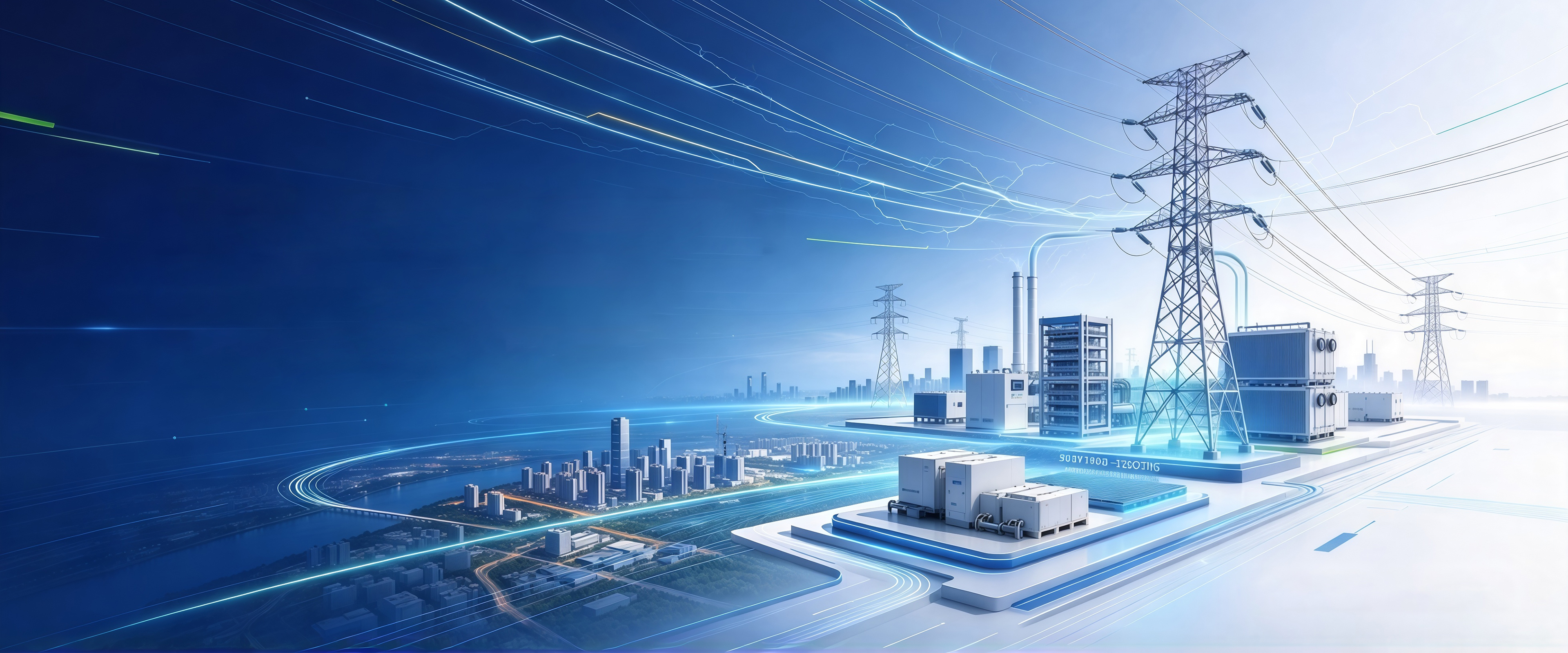 Power equipment and transmission towers connected by flowing lines over a city