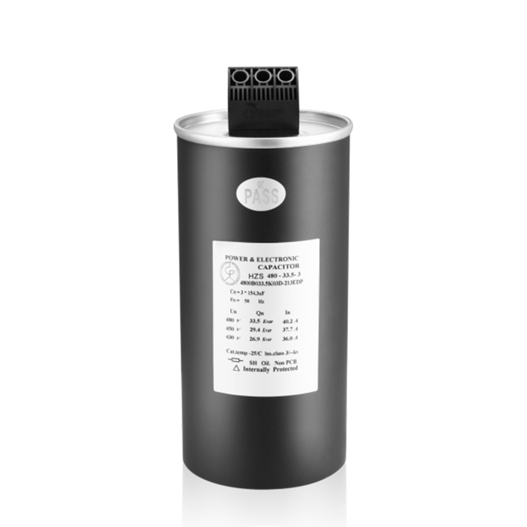 Cylindrical power capacitor with rating label and terminal block